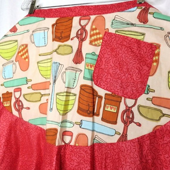 Retro Cooking Half Apron One Size Baking Red Ruffle Pocket Tie Waist NEW - Picture 5 of 11